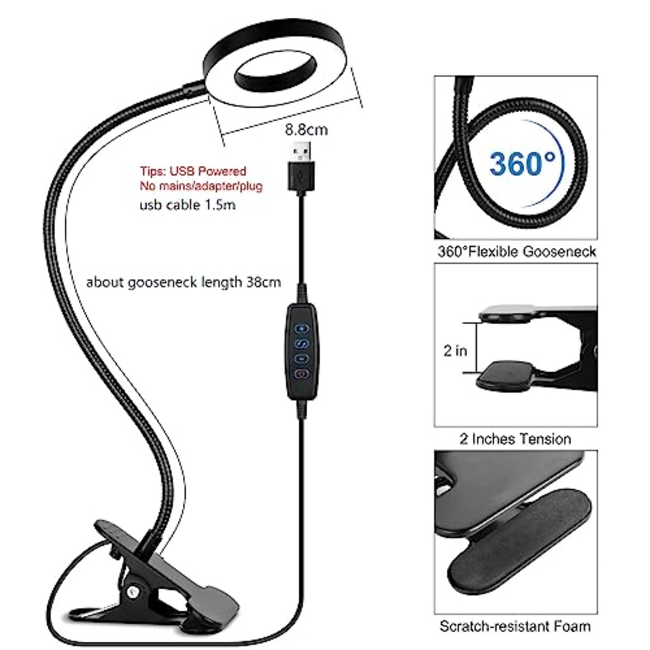 Desk Clip on Lamp for Reading Home Office, 10 Dimmable Brightness 3 Modes, Ring/ Clamp Light for Bed Headboard, Craft, Computer, Video Call